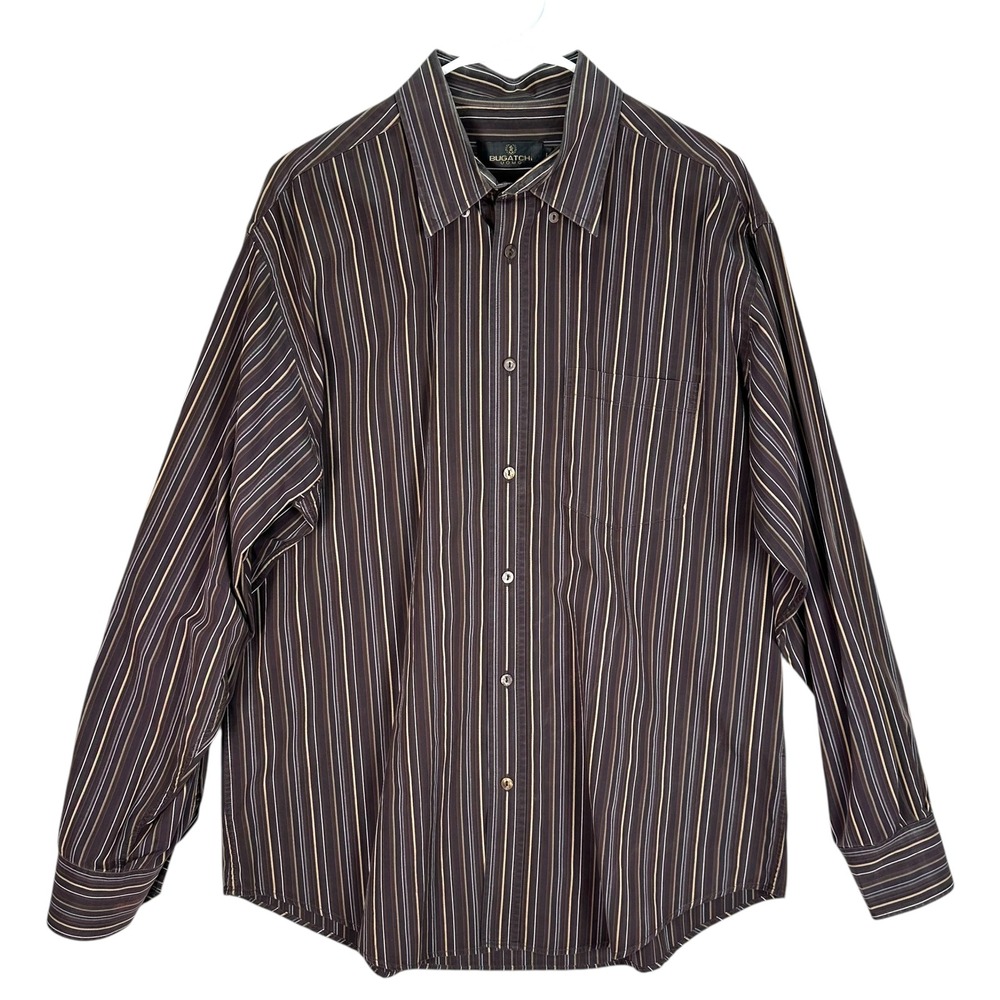 Bugatchi Uomo Mens Brown Striped Button Down Shirt Size L Modern Euro Prep